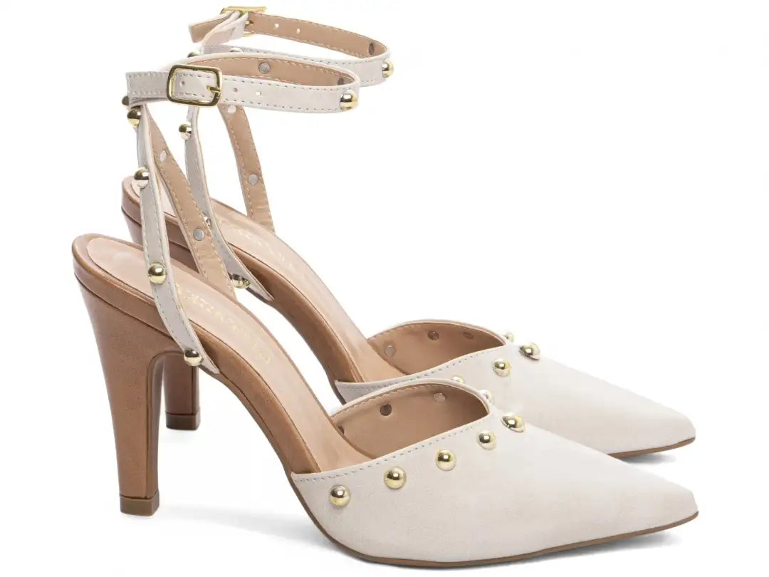 Scarpin Salto Fino Off White com Detalhes Bege e Dourado 9 cm