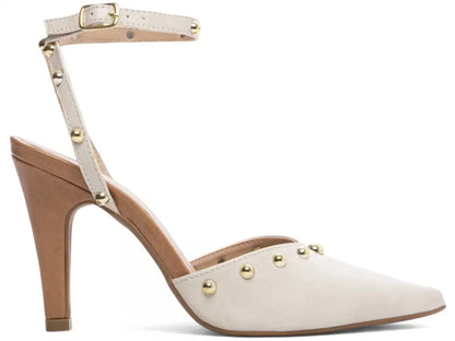 Scarpin Salto Fino Off White com Detalhes Bege e Dourado 9 cm