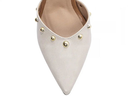 Scarpin Salto Fino Off White com Detalhes Bege e Dourado 9 cm