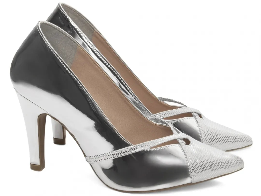 Sapato Scarpin Prata Metalizado Specchio e Croco |