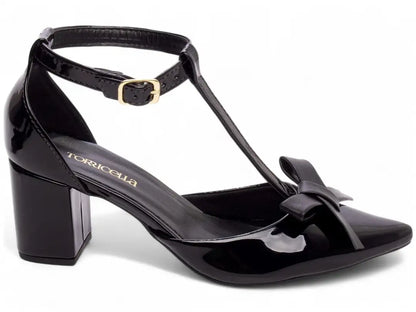 Scarpin Verniz Preto com Laço  Salto Grosso 6,5 cm