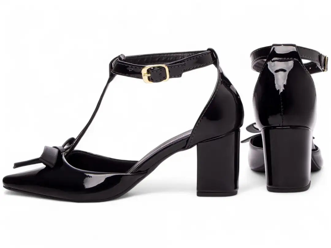 Scarpin Verniz Preto com Laço  Salto Grosso 6,5 cm