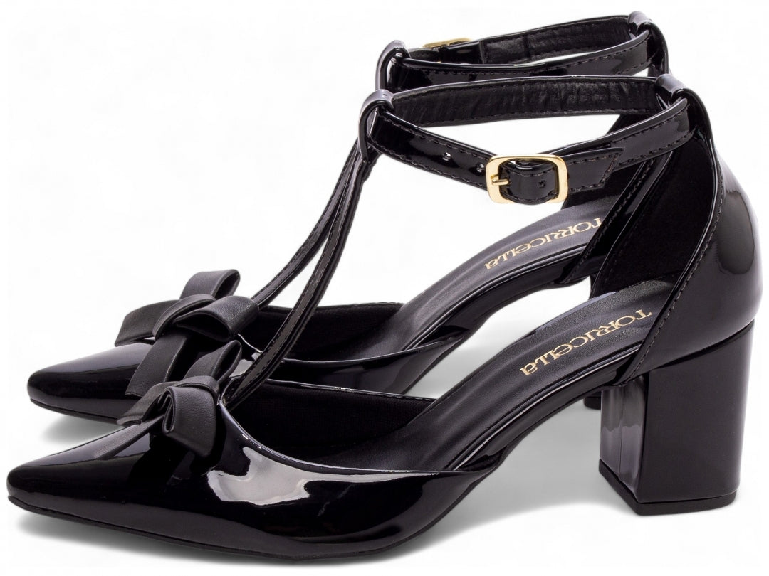 Scarpin Verniz Preto com Laço  Salto Grosso 6,5 cm