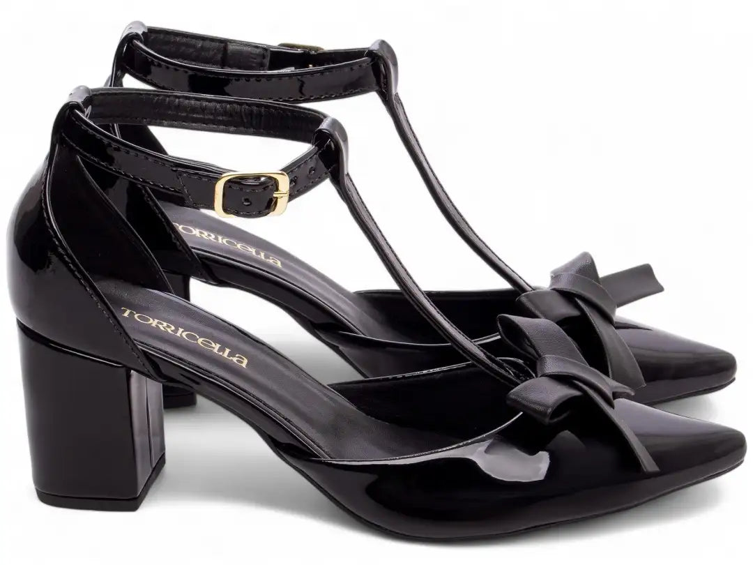 Scarpin Verniz Preto com Laço  Salto Grosso 6,5 cm