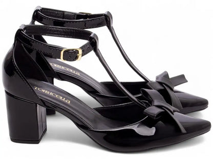 Scarpin Verniz Preto com Laço  Salto Grosso 6,5 cm