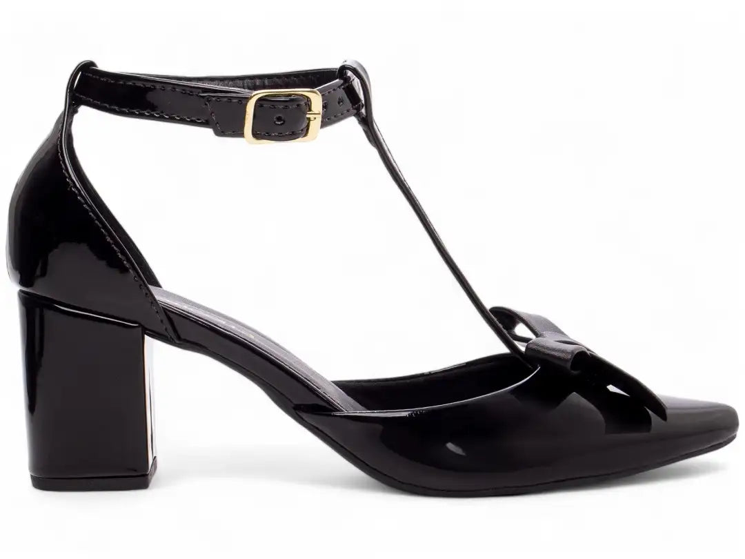 Scarpin Verniz Preto com Laço  Salto Grosso 6,5 cm