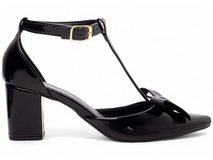 Scarpin Verniz Preto com Laço  Salto Grosso 6,5 cm