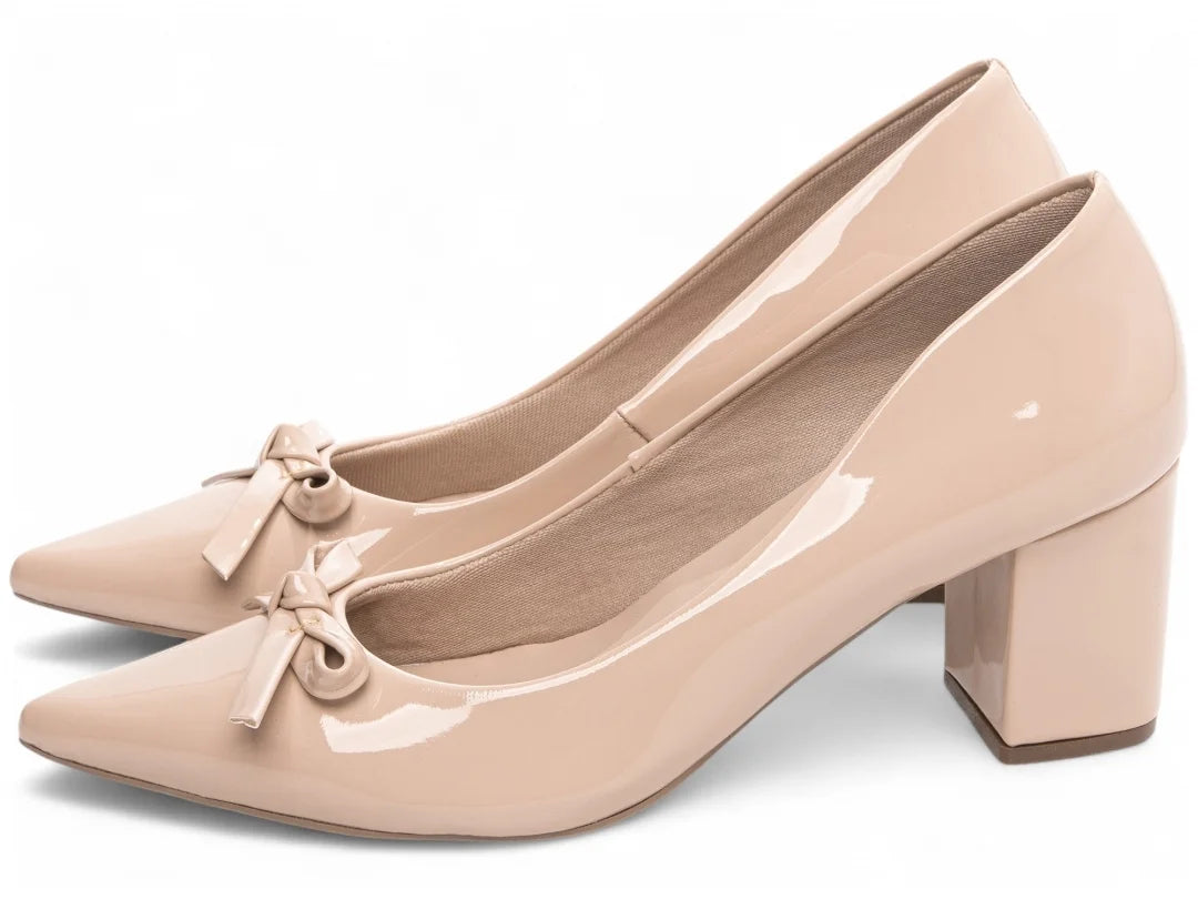 Sapato Scarpin Rosê com Laço e Salto Grosso 6,5 cm Antiderrapante