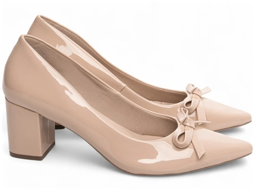 Sapato Scarpin Rosê com Laço e Salto Grosso 6,5 cm Antiderrapante