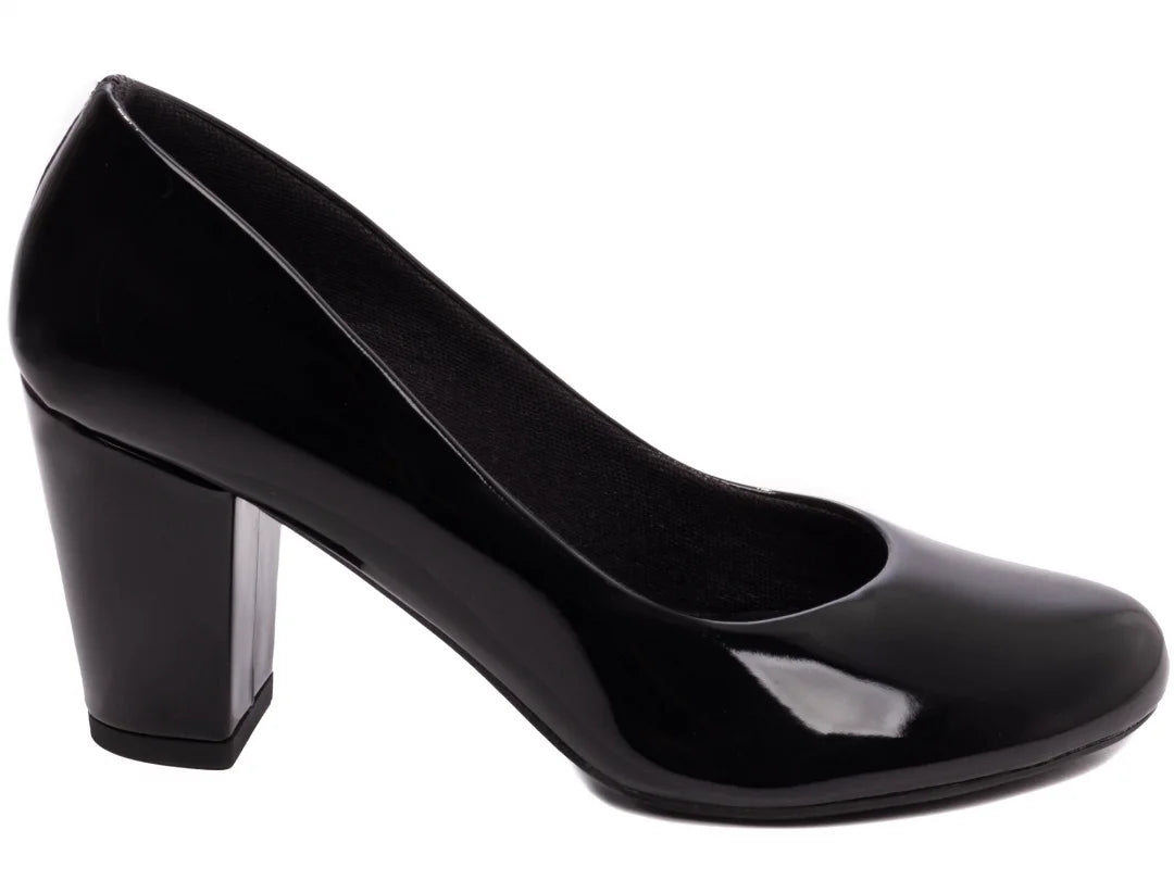 Scarpin Feminino Bico Redondo Verniz Preto Salto 7,5 cm