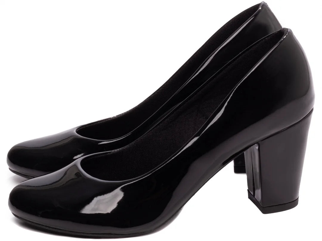 Scarpin Feminino Bico Redondo Verniz Preto Salto 7,5 cm
