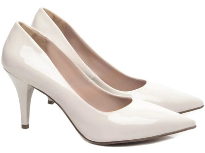 Sapato Scarpin Feminino Verniz Off White Salto Fino 8,5 cm