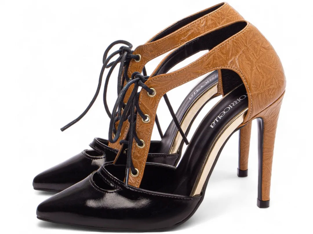 Sapato Scarpin Feminino Salto Alto 12 cm Preto e Caramelo
