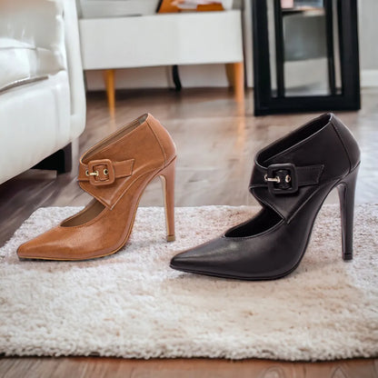 Sapato Scarpin Napa Caramelo Salto 12 com Fivela Encapada