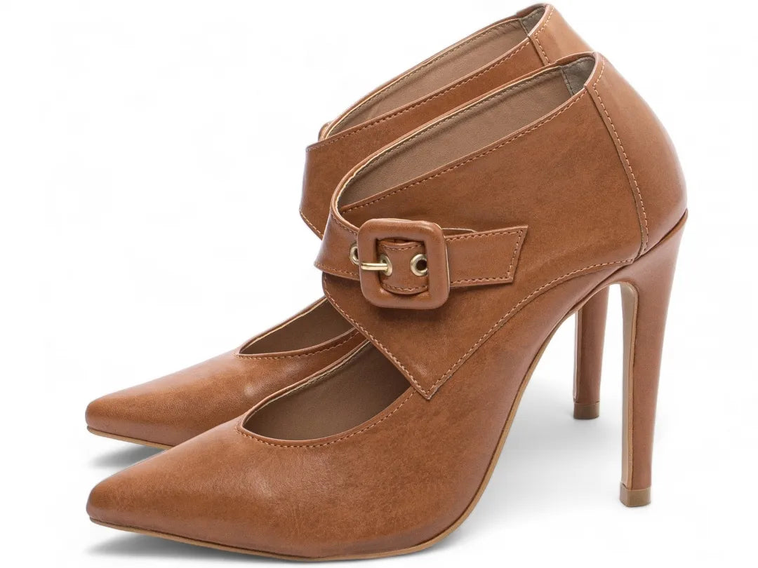 Sapato Scarpin Napa Caramelo Salto 12 com Fivela Encapada