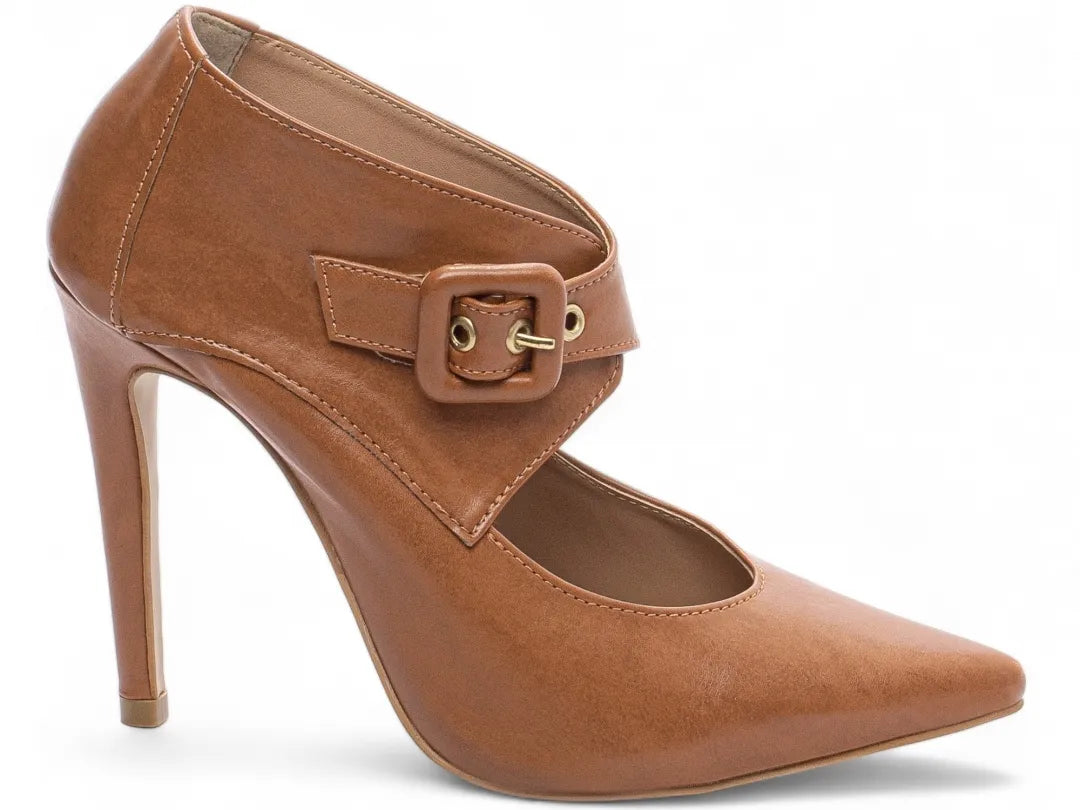 Sapato Scarpin Napa Caramelo Salto 12 com Fivela Encapada