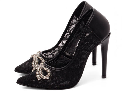 Sapato Scarpin Salto 12 Preto com Laço de Strass