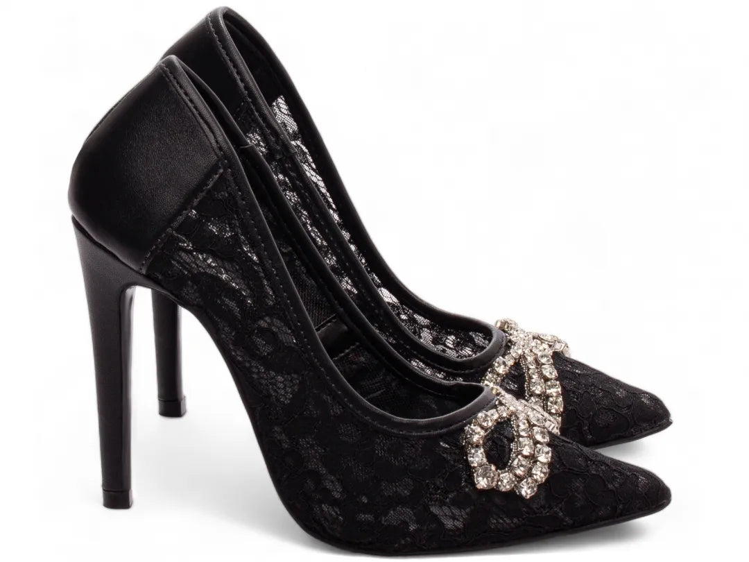Sapato Scarpin Salto 12 Preto com Laço de Strass