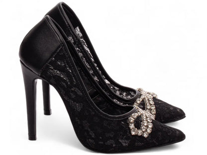 Sapato Scarpin Salto 12 Preto com Laço de Strass