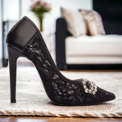 Sapato Scarpin Salto 12 Preto com Laço de Strass