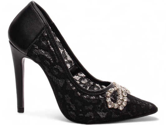Sapato Scarpin Salto 12 Preto com Laço de Strass