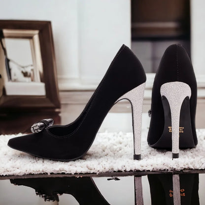 Sapato Scarpin Preto Luxo com Laço e Salto Metalizado 12cm