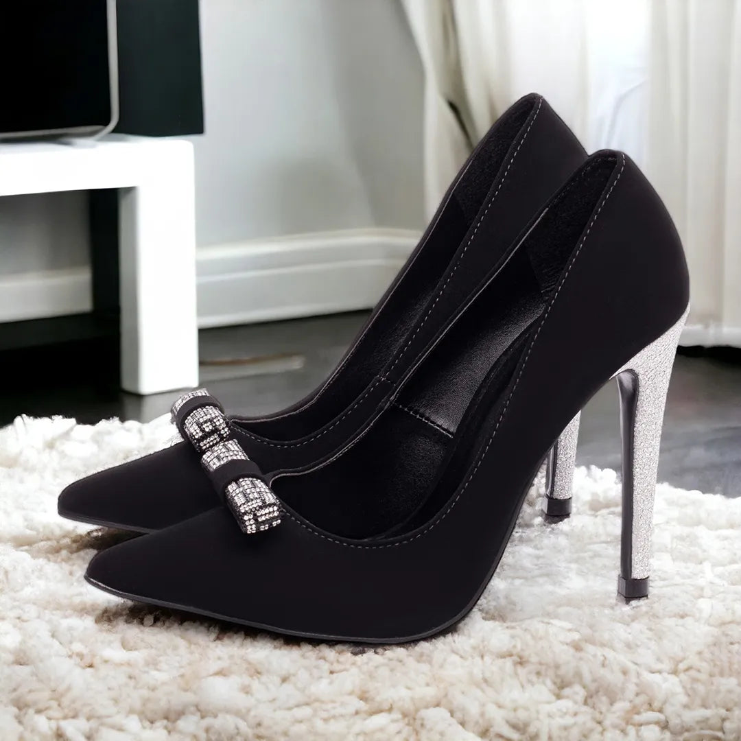 Sapato Scarpin Preto Luxo com Laço e Salto Metalizado 12cm