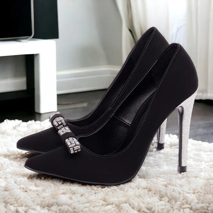 Sapato Scarpin Preto Luxo com Laço e Salto Metalizado 12cm