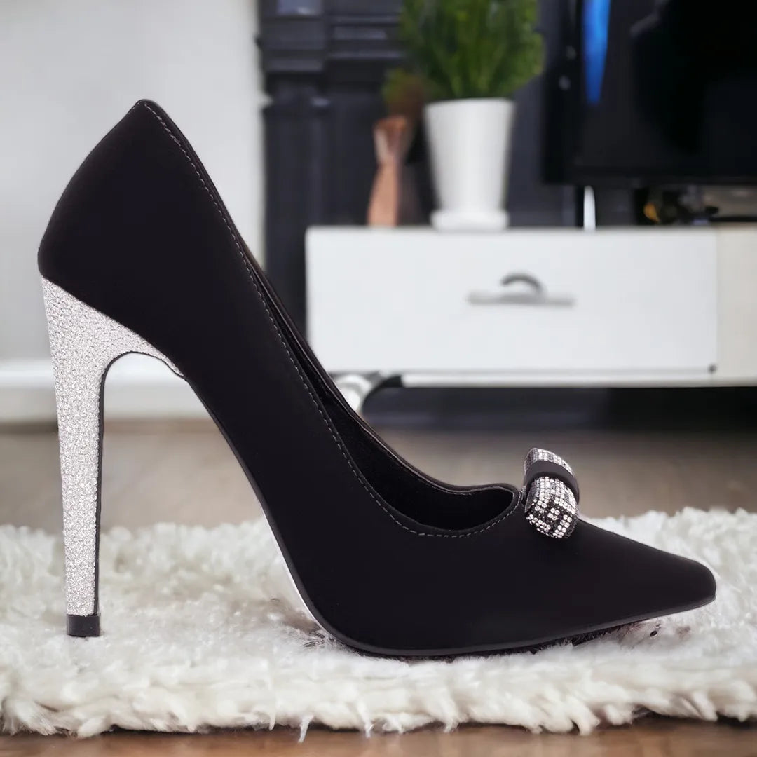 Sapato Scarpin Preto Luxo com Laço e Salto Metalizado 12cm