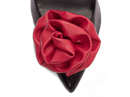 Scarpin Napa Craquelê Preto Salto 12 com Flor Vermelha