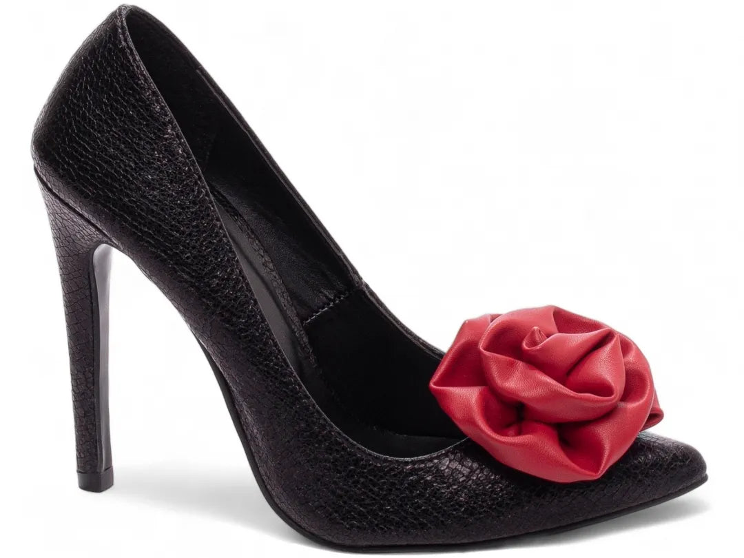 Scarpin Napa Craquelê Preto Salto 12 com Flor Vermelha