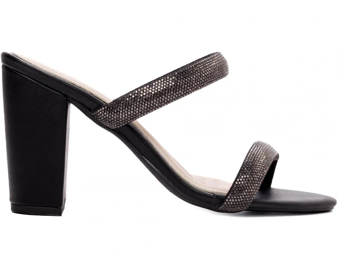 Sandália Tamanco Feminino Napa Preto com Strass Grafite