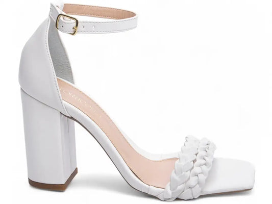 Sandália Feminina Napa Branco com Tiras Trançadas Salto 8,5 cm