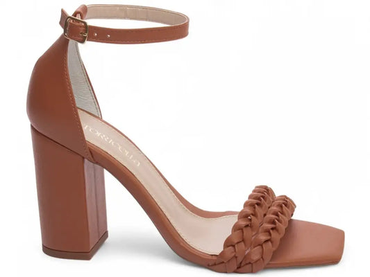 Sandália Feminina Napa Caramelo com Tiras Trançadas Salto 8,5 cm