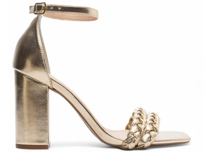 Sandália Feminina Ouro Light com Tiras Trançadas Salto 8,5 cm