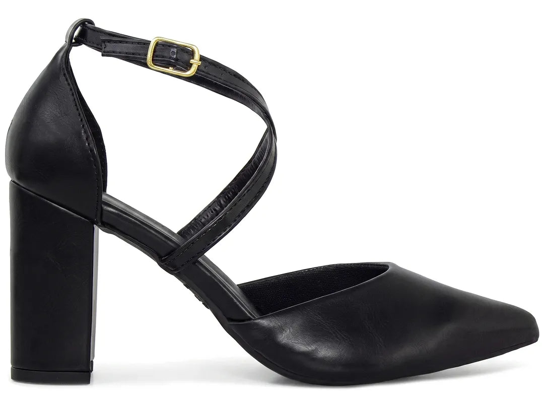 Scarpin Feminino Preto Tira Cruzada Salto Grosso