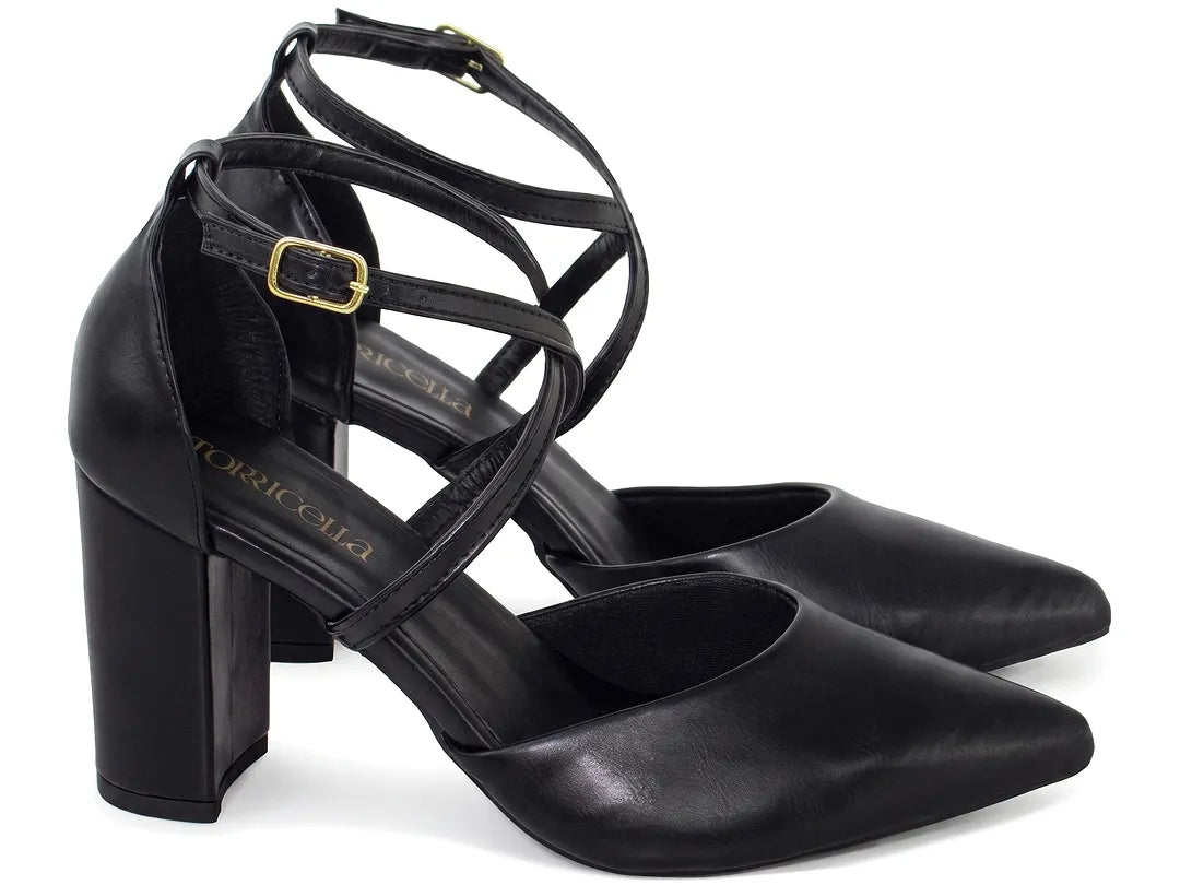 Scarpin Feminino Preto Tira Cruzada Salto Grosso
