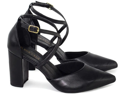 Scarpin Feminino Preto Tira Cruzada Salto Grosso