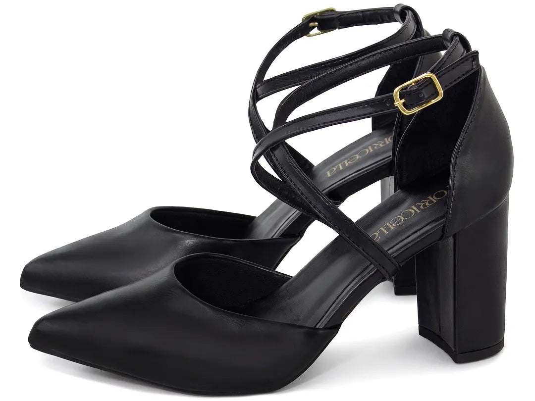 Scarpin Feminino Preto Tira Cruzada Salto Grosso