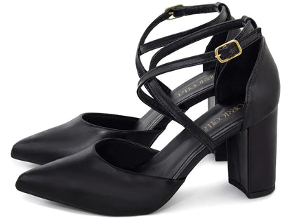 Scarpin Feminino Preto Tira Cruzada Salto Grosso