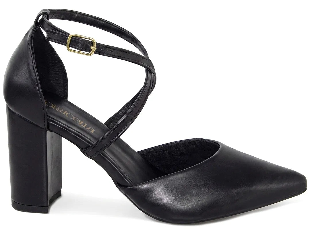 Scarpin Feminino Preto Tira Cruzada Salto Grosso