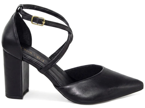 Scarpin Feminino Preto Tira Cruzada Salto Grosso