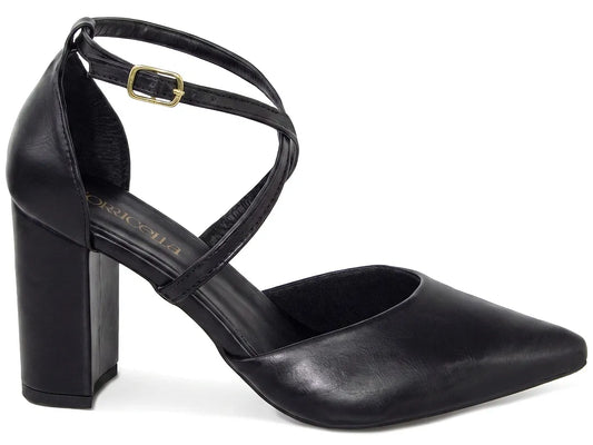 Scarpin Feminino Preto Tira Cruzada Salto Grosso