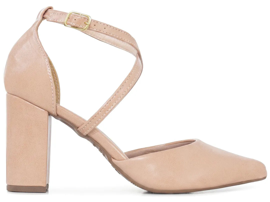 Scarpin Bico Fino Nude Rosado com Tira Cruzada