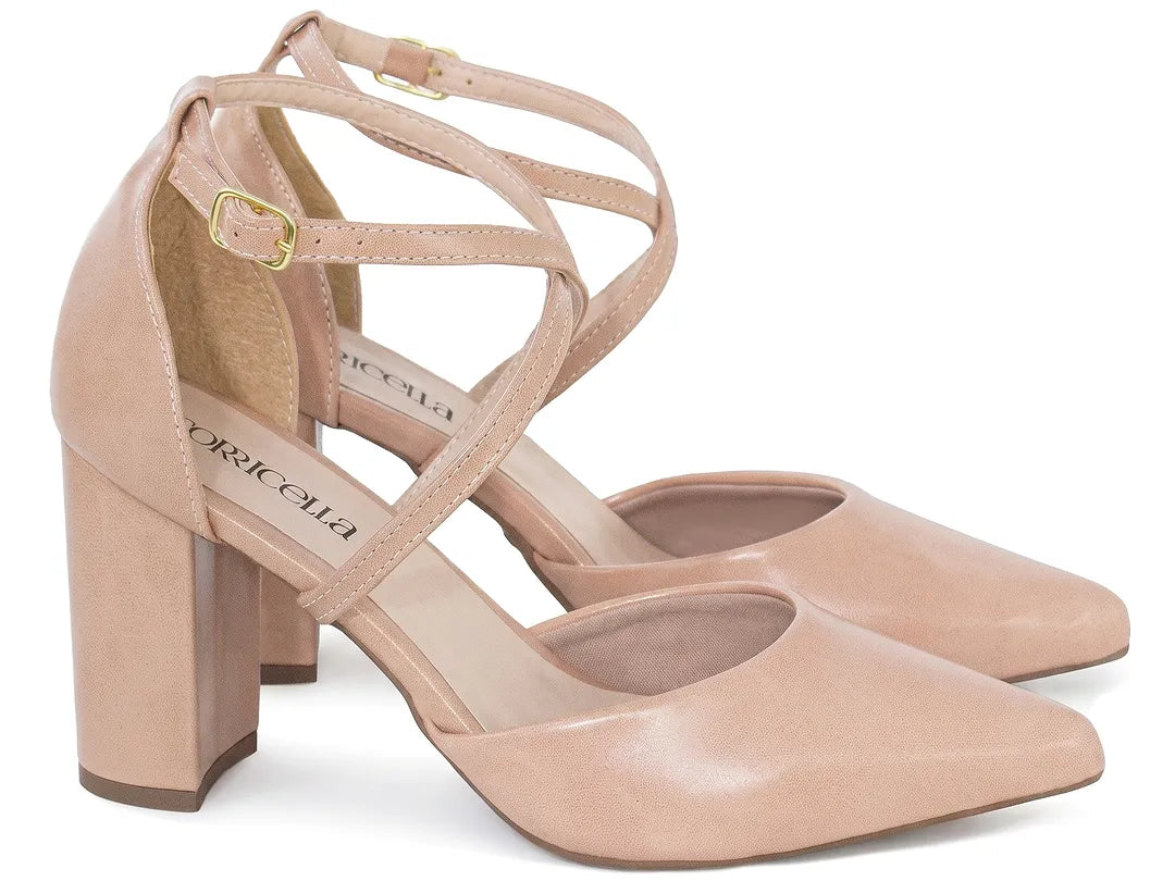 Scarpin Bico Fino Nude Rosado com Tira Cruzada