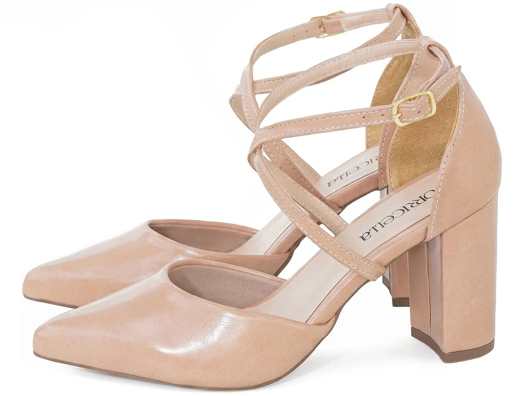 Scarpin Bico Fino Nude Rosado com Tira Cruzada