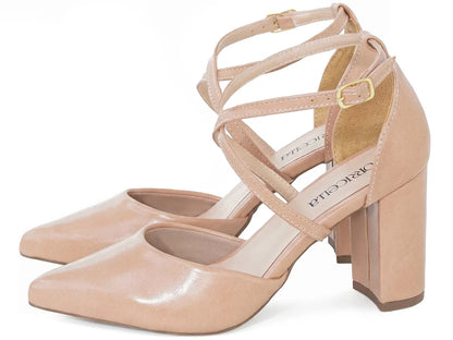 Scarpin Bico Fino Nude Rosado com Tira Cruzada