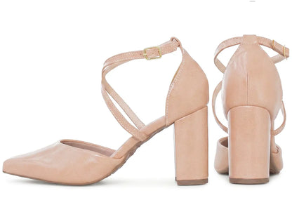 Scarpin Bico Fino Nude Rosado com Tira Cruzada