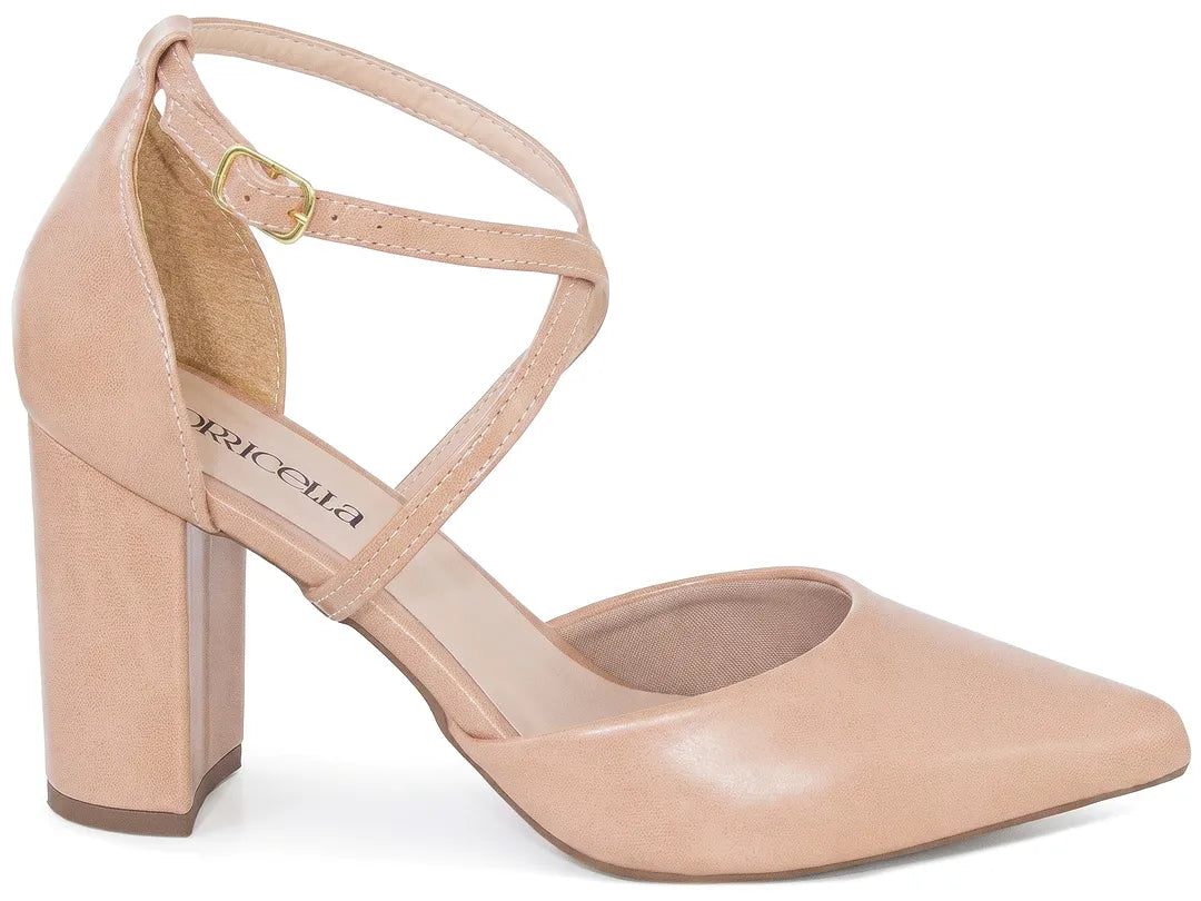 Scarpin Bico Fino Nude Rosado com Tira Cruzada