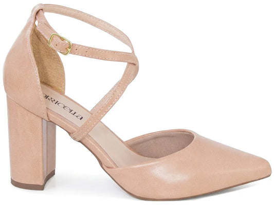 Scarpin Bico Fino Nude Rosado com Tira Cruzada